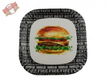10 Stk. Duni Pappteller eckig Motiv "Burger" 22,5 x 22,5 cm