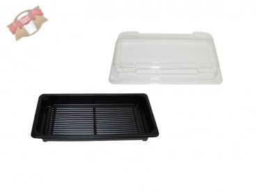 450 Stk. Sushi Schalen Box schwarz mit Deckel transparent 185x129x20 mm PS