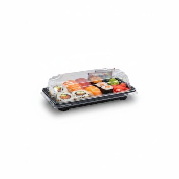 Preview: 50 Stk. Sushi-Schale mit Deckel PP/rPET 167 x 93 x 45 mm schwarz/klar