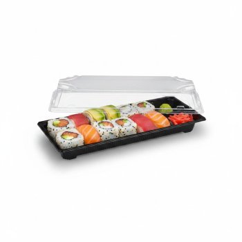 Preview: 50 Stk. Sushi-Schale mit Deckel PP/rPET 224 x 94 x 45 mm schwarz/klar