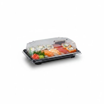 Preview: 50 Stk. Sushi-Schale mit Deckel PP/rPET 165 x 118 x 45 mm schwarz/klar