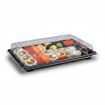 Preview: 50 Stk. Sushi-Schale mit Deckel PP/rPET 260 x 190 x 45 mm schwarz/klar