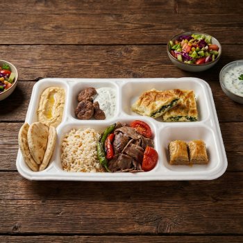 Preview: 2100 Stk. Menüteller XPS 5-geteilt 351 x 264 x 27 mm weiß mit Besteckplatz