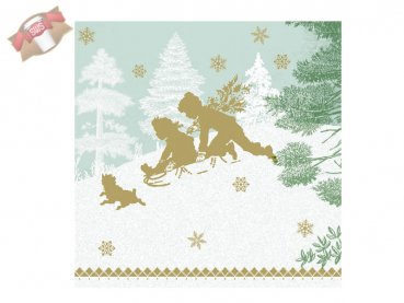 300 Stk. Servietten 40x40 cm Weihnachtsmotiv Schlittenfahrt grün