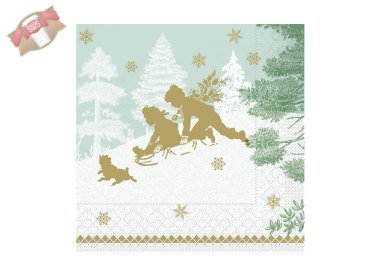 600 Stk. Servietten 3-lagig 33x33 cm Weihnachtsmotiv Schlittenfahrt grün