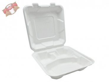 50 Stk. Menüboxen Lunchbox Zuckerrohr Bagasse 3-geteilt 205x205x65 mm