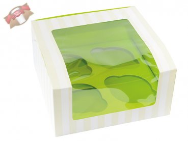 100 Stk. Pappboxen Cupcakeboxen mit Sichtfenster 170x170x85 mm weiß/grün