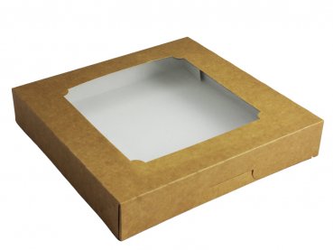 150 Stück Tortenkarton mit Sichtfenster naturbraun 30x30x5,5 cm