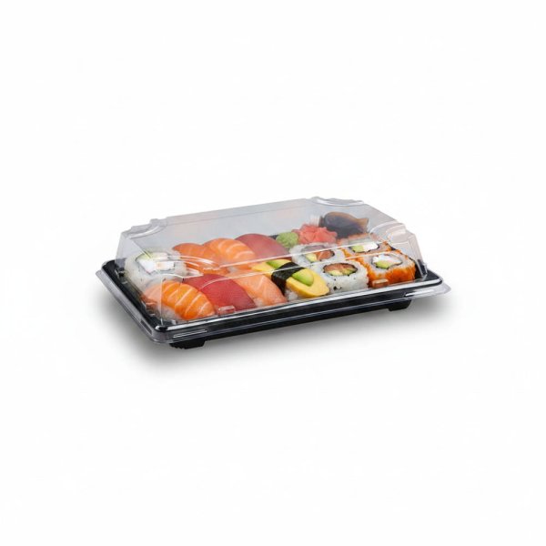 50 Stk. Sushi-Schale mit Deckel PP/rPET 188 x 130 x 45 mm schwarz/klar