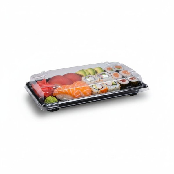 50 Stk. Sushi-Schale mit Deckel PP/rPET 217 x 136 x 45 mm schwarz/klar