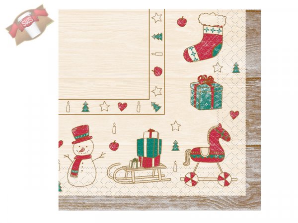 600 Stk. Servietten 3-lagig 40x40 cm Weihnachtsmotiv Grace beige-rot-grün