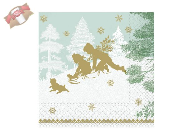 600 Stk. Servietten 3-lagig 40x40 cm Weihnachtsmotiv Schlittenfahrt grün