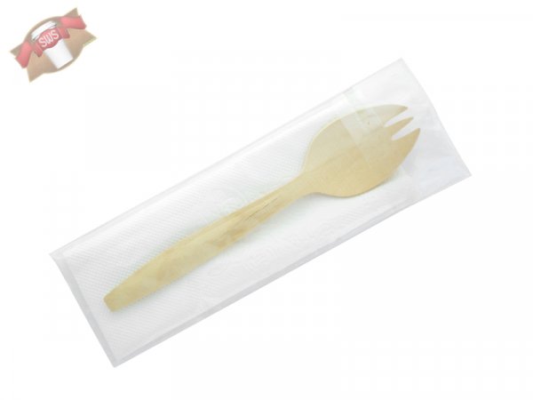 250 Stück Bio Spork Göffel aus Holz 145mm aus Holz mit Serviette individuell verpackt